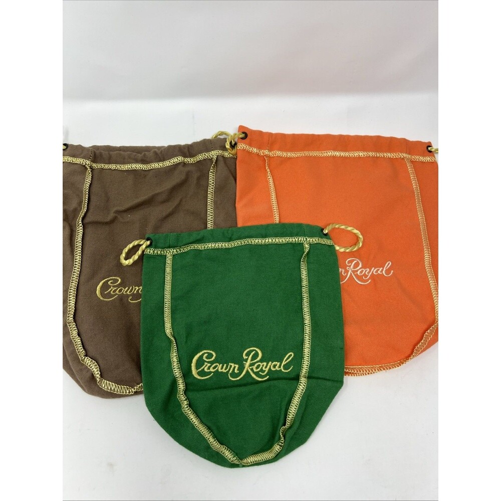 Lot of 3 Crown Royal Felt Bags Orange Green Tan Brown Collectible 2 Sizes